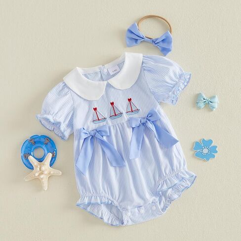 Baby Girl Sailboat Smocked Bubble Romper Doll Collar Ruffle Stripe Bodysuit Bow Infant Jumpsuit Cute Summer Outfit in Kuwait