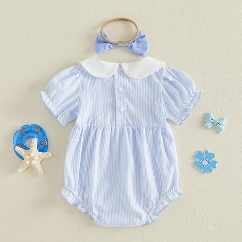 Baby Girl Sailboat Smocked Bubble Romper Doll Collar Ruffle Stripe Bodysuit Bow Infant Jumpsuit Cute Summer Outfit in Kuwait