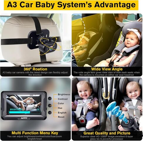 AMTIFO Baby Car Camera Easy Install: Clear Night Vision 2Mins Plug-Play Backseat Camera 360 Rotation Rear Facing Car Baby Monitor with Camera in Kuwait