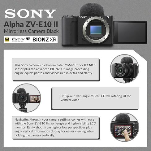 Sony Alpha ZV-E10 II Mirrorless Camera with E PZ 16-50mm f/3.5-5.6 OSS II Lens, Black, Bundle with 64GB Memory Card, 40.5mm Filter Kit and Shoulder Bag in Kuwait