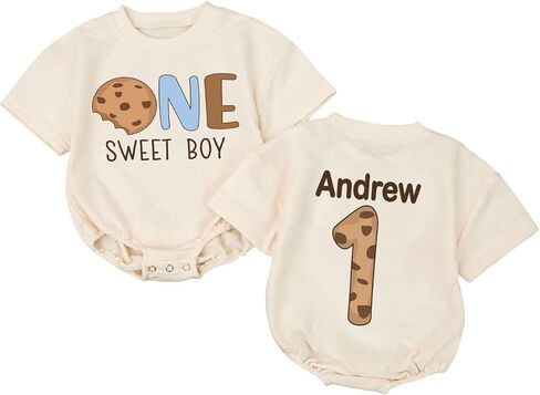 Custom One Sweet Boy Cookie Birthday Sweater Romper, First Birthday Outfit Boy, 1st in Kuwait