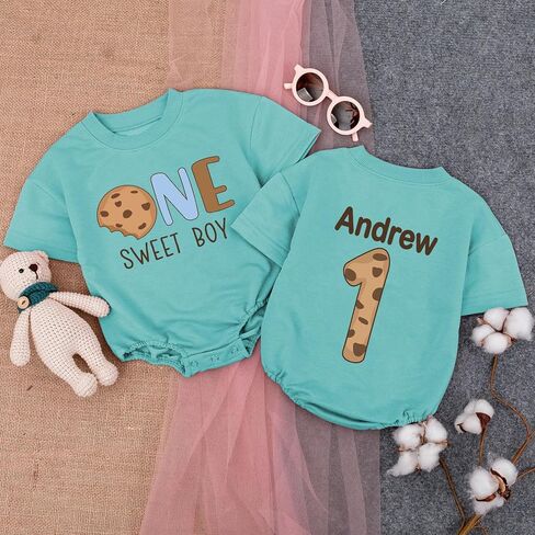Custom One Sweet Boy Cookie Birthday Sweater Romper, First Birthday Outfit Boy, 1st in Kuwait