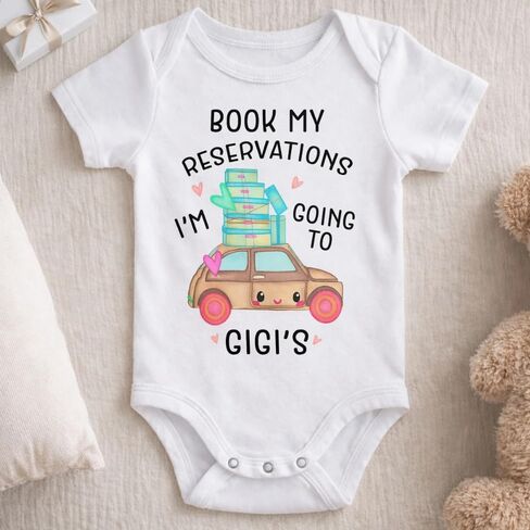 Book My Reservations I'm Going To Gigi's, Personalized Baby Onesie, Custom Gift for Pregnancy Reveal Baby Shower or First Grandchild, Personalized Infant Bodysuit Romper with Name in Kuwait
