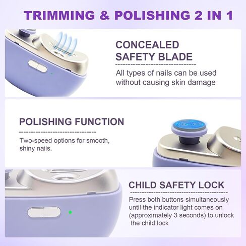 Electric Nail Clipper for Seniors & Adults, 2 in 1 Baby Auto Nail Trimmer | Automatic Nail Clipper with Child Lock, Light & Storage, 2-Speed Smart Nail Clipper for Fingernail & Toenail, Purple in Kuwait