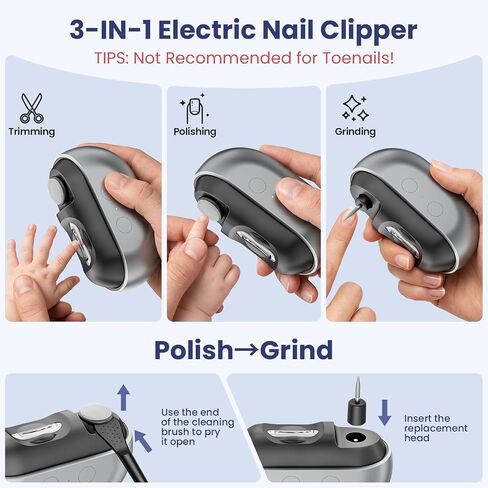 Electric Nail Clipper, Upgraded 3-in-1 Quiet Automatic Baby Nail Clippers | Electric Nail Trimmer with Polishing, Storage, LED Light & 2 Speed, USB Rechargeable for Baby, Adult, Seniors, Kids in Kuwait
