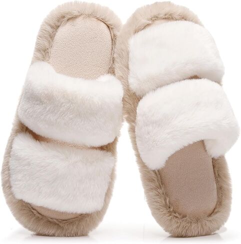 FAYUEKEY Women’s Open Toe Fuzzy Slippers,Memory Foam Indoor Outdoor Slides,Solid & Christmas Decor House Slippers in Kuwait