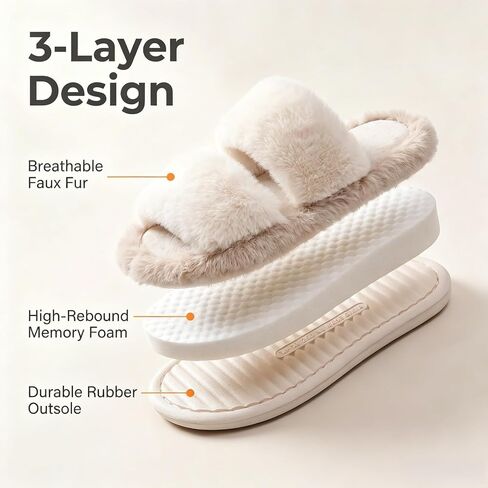 FAYUEKEY Women’s Open Toe Fuzzy Slippers,Memory Foam Indoor Outdoor Slides,Solid & Christmas Decor House Slippers in Kuwait