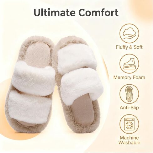 FAYUEKEY Women’s Open Toe Fuzzy Slippers,Memory Foam Indoor Outdoor Slides,Solid & Christmas Decor House Slippers in Kuwait