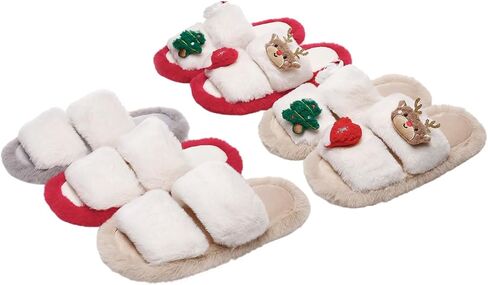 FAYUEKEY Women’s Open Toe Fuzzy Slippers,Memory Foam Indoor Outdoor Slides,Solid & Christmas Decor House Slippers in Kuwait