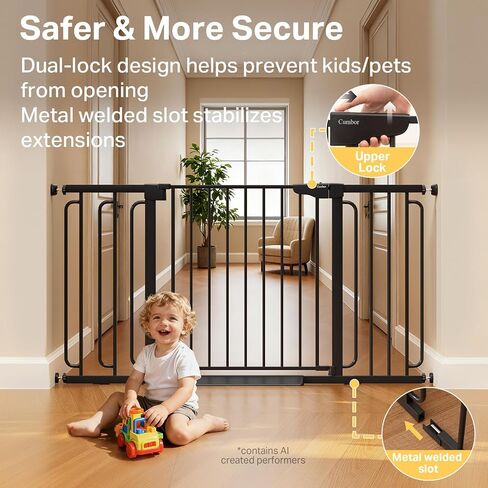 Cumbor 36.6-59" Extra Wide Baby Gate for Stairs, Auto Close Dog Gate Black | Double Lock Safety for Doorways, One-Hand Open with 2-Way Swing, Child Gate for Toddler & Pets, Pressure or Hardware Mounted in Kuwait
