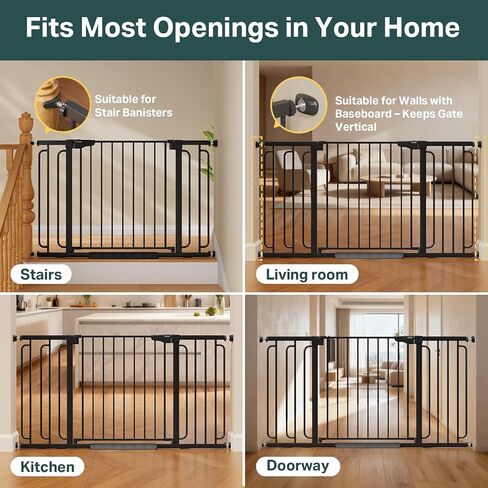 Cumbor 36.6-59" Extra Wide Baby Gate for Stairs, Auto Close Dog Gate Black | Double Lock Safety for Doorways, One-Hand Open with 2-Way Swing, Child Gate for Toddler & Pets, Pressure or Hardware Mounted in Kuwait