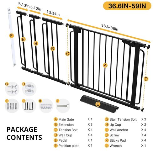 Cumbor 36.6-59" Extra Wide Baby Gate for Stairs, Auto Close Dog Gate Black | Double Lock Safety for Doorways, One-Hand Open with 2-Way Swing, Child Gate for Toddler & Pets, Pressure or Hardware Mounted in Kuwait