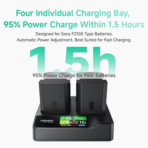 Accoon Toprig 4 Bay NP-FZ100 Battery Charger, PD 60W Fast Charging for Sony A1/A 6600/A 6700/A 7 III/A7R III/A 7C/A7CR/A 7S III/A 7R IV/A 7R V/A 9 II/A 9 III/ZV-E1/ZV-E1, FX3/FX30 Camera Battery in Kuwait