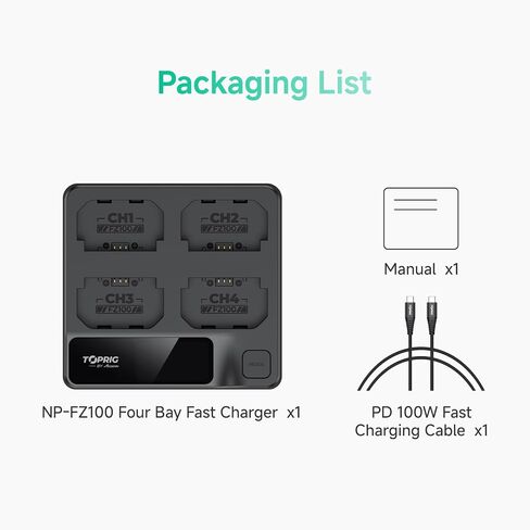 Accoon Toprig 4 Bay NP-FZ100 Battery Charger, PD 60W Fast Charging for Sony A1/A 6600/A 6700/A 7 III/A7R III/A 7C/A7CR/A 7S III/A 7R IV/A 7R V/A 9 II/A 9 III/ZV-E1/ZV-E1, FX3/FX30 Camera Battery in Kuwait