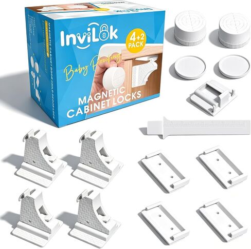 4 Pack Magnetic Cabinet Locks Baby Proofing with 2 Keys | No Drill, Tool-Free 3M Adhesive, Invisible Inside Cabinet, for Kitchen & Bathroom Drawers, Renter-Friendly Childproofing in Kuwait