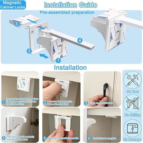 4 Pack Magnetic Cabinet Locks Baby Proofing with 2 Keys | No Drill, Tool-Free 3M Adhesive, Invisible Inside Cabinet, for Kitchen & Bathroom Drawers, Renter-Friendly Childproofing in Kuwait