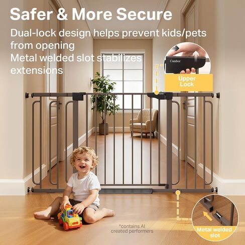 Cumbor 36.6-59" Extra Wide Baby Gate for Stairs, Auto Close Dog Gate Brown | Double Lock Safety for Doorways, One-Hand Open with 2-Way Swing, Child Gate for Toddler & Pets, Pressure or Hardware Mounted in Kuwait
