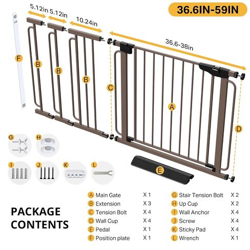 Cumbor 36.6-59" Extra Wide Baby Gate for Stairs, Auto Close Dog Gate Brown | Double Lock Safety for Doorways, One-Hand Open with 2-Way Swing, Child Gate for Toddler & Pets, Pressure or Hardware Mounted in Kuwait