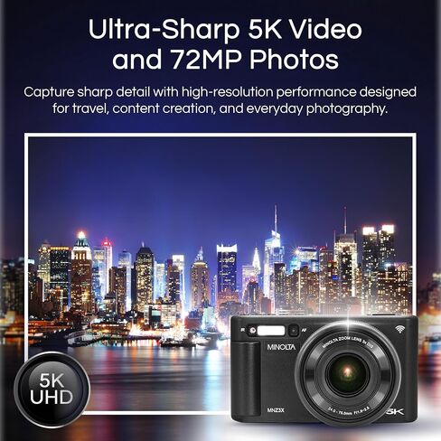 Minolta MNZ3X 72MP 5K Digital Camera, w/24-75mm Optical Zoom Lens (Black) | Capture sharp HD video with an easy-to-use touchscreen and versatile zoom for everyday recording. in Kuwait
