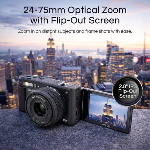 Minolta MNZ3X 72MP 5K Digital Camera, w/24-75mm Optical Zoom Lens (Black) | Capture sharp HD video with an easy-to-use touchscreen and versatile zoom for everyday recording. in Kuwait