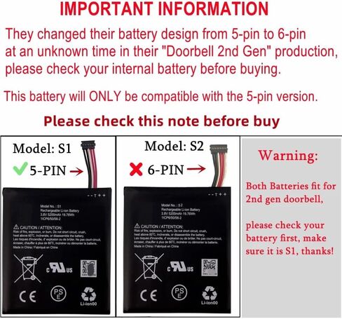 New Replacement Battery S1 for Ring Video Doorbell 2nd Generation -5 Pin Version Only in Kuwait