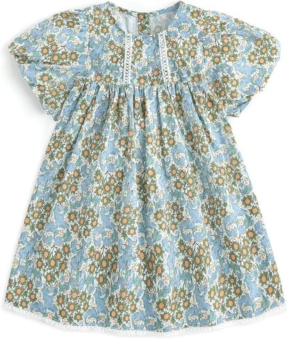 Curipeer Toddler Girl Smocked Dress, Ruffle Floral A Line | Soft Breathable Lightweight Cotton, Spring Summer Fall Puff Sleeve Back Button Bowknot Tie Waist Sundress, Little Kids Girls in Saudi Arabia