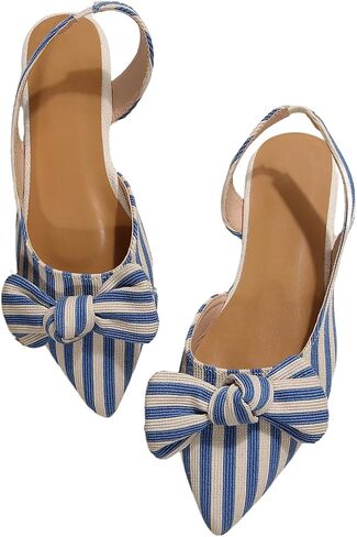 MakeMeChic Women's Striped Slingback Flat Shoes Pointed Toe Dressy Flats | Bow Flat, Faux Leather, Summer, Comfortable, Fancy Flats for Women in Kuwait