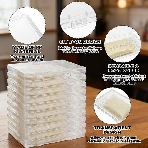 10-Pack Clear Flat Breast Milk Freezer Storage Organizer - 7.4"x5.1" Reusable Flattening Tray, Large Capacity Space-Saving Breast Milk Freezer Storage Kit for Organization Freezer Bag in Kuwait