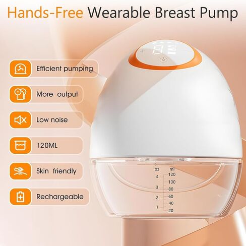 Electric Wearable Breast Pump,4 Modes 9 Suction Levels with 130° Wide Angle | 120ml Capacity, LED Touchscreen Display, 24mm Flange Included, Compact & Quiet, Rechargeable, Perfect for On-the-Go in Kuwait