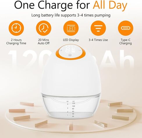 Electric Wearable Breast Pump,4 Modes 9 Suction Levels with 130° Wide Angle | 120ml Capacity, LED Touchscreen Display, 24mm Flange Included, Compact & Quiet, Rechargeable, Perfect for On-the-Go in Kuwait