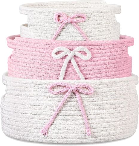 3 Pieces Pink Bow Baskets Coquette Bow Cotton Rope Storage Basket Pink Woven Gift Baskets Laundry Hamper Rope Bin with Handles for Decoration Organization Storage for Nursery, Pet Toy Basket in Kuwait