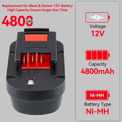 4800mAh HPB12 Ni-MH Replacement for Black and Decker 12V Battery 1 Pack | Fits A1712 FS120B FSB12 HPB12 A12 A12-XJ A12EX, Compatible with 12V Cordless Power Tools in Kuwait
