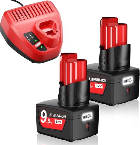 Bonacell Upgraded 2Pack 9.5Ah Replacement for Milwaukee M12 Battery Lithium 12V Battery with LCD Display Compatible with 48-11-2401 48-11-2412 48-11-2411 48-11-2420 48-11-2410 Cordless Tools in Kuwait