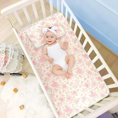 Romantic Pink Rose Flowers Cooling Baby Waterproof Crib Mattress Cover 28" x 52" Washable Bed pad for Baby&Toddler in Kuwait