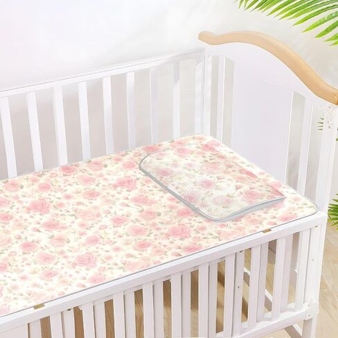 Romantic Pink Rose Flowers Cooling Baby Waterproof Crib Mattress Cover 28" x 52" Washable Bed pad for Baby&Toddler in Kuwait