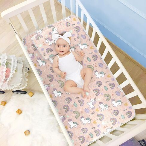 Cartoon Unicorns Rainbow Pink Cooling Baby Waterproof Crib Mattress Protector 28" x 52" Ultra Soft Pads Washable Waterproof for Kids, Adult in Kuwait