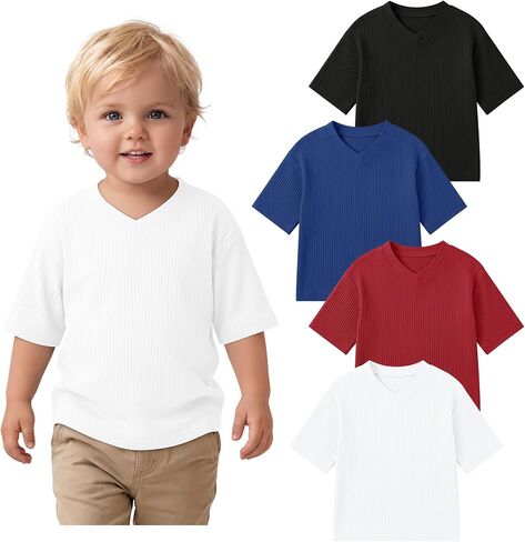 4 Pack Toddler Boy Short Sleeve Shirts | Ribbed Boys Tops, Loose Fit Casual T-Shirts, Summer Baggy Basic Tees, Back to school, Daily Wear, Kids 18m-6t in Kuwait