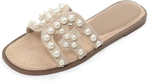 Elegant Pearl Straw Flat Sandals Women's French Style Woven Slide Slippers Bohemian Dress Summer Beach Shoes Casual Mules in Kuwait