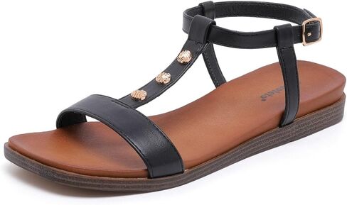 Saidoteto Women Square Toe Flat Sandals, Faux Leather Adjustable Ankle Strap Sandals, Cushioned Lightweight Slip On Casual Summer Walking Sandals in Kuwait