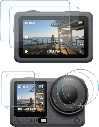 Screen Protector+ Lens Protector for DJI Action 6, 9H Tempered Glass | 2 Lens + 2 Front + 2 Rear + Lens Caps + ABS Box. 9H Hardness, Anti-Scratch, Anti-Bubble, HD Clarity, Anti-Fingerprint in Kuwait