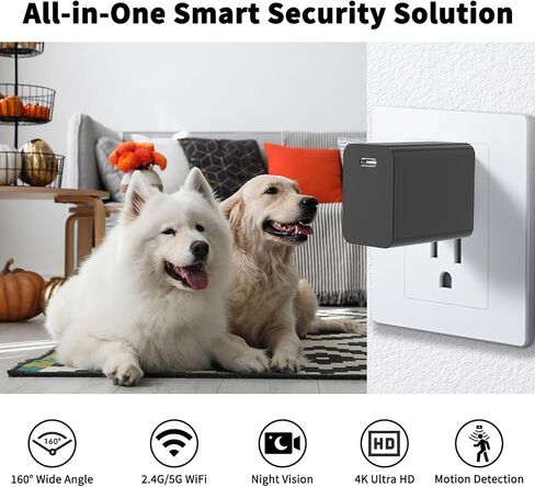 4K WiFi Security Camera Charger, 2.4G/5G Dual Band Mini Camera with 160° Wide Angle, Night Vision, Motion Detection, App Remote Monitoring, Indoor Home Nanny Cam for Pets, Office (Extra Small) in Kuwait