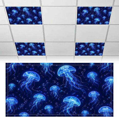 4 Pack Fluorescent Light Covers Blue jellyfishes Swimming Underwater Seamless Ocean Animals Theme Decorative Magnetic Ceiling Covers Light Shade Panel for Classroom Office 4 x 2 ft in Kuwait