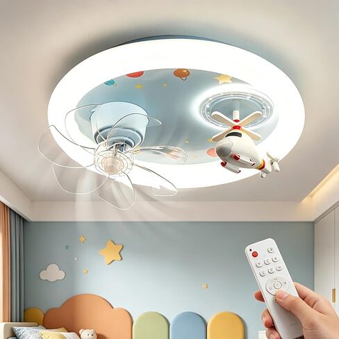 20" Kids Ceiling Fan Light, Helicopter Themed Flush Mount LED Fixture, Creative Cartoon Design Low Profile Fan for Boys Girls Bedroom Nursery Playroom,Full Spectrum Protection Eye,Blue in Kuwait