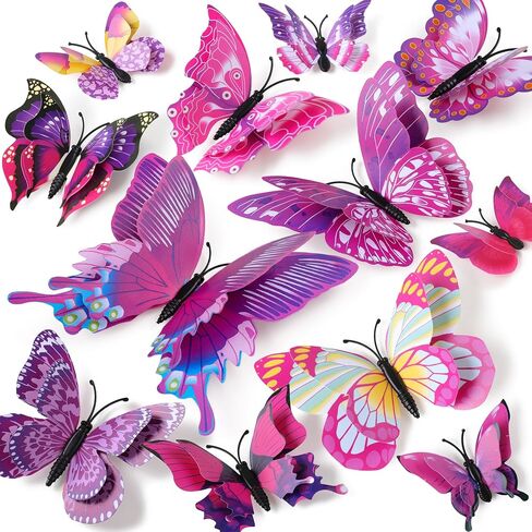 24/48 Pcs Double Wings Magnetic 3D Butterfly Wall Decor Stickers 4 Sizes Butterflies Decals Decor for Home Kids Bedroom Party Wedding Refrigerator Window Decoration (24, Colorful) in Kuwait