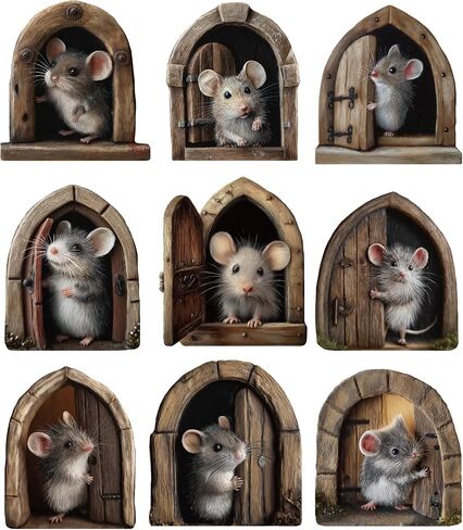 PLIGREAT 9 Pcs 3D Mouse Hole Wall Sticker, Cute Wooden Door Mouse Wall Decal Removable Vinyl Peel and Stick Funny Animal Art Decor for Room Nursery Bathroom Kitchen Home Corner Decoration in Kuwait