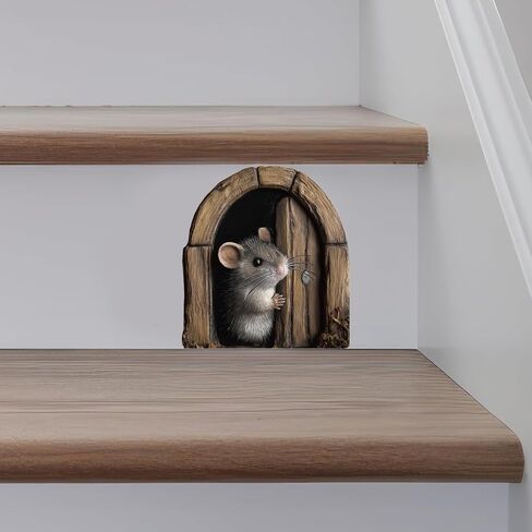 PLIGREAT 9 Pcs 3D Mouse Hole Wall Sticker, Cute Wooden Door Mouse Wall Decal Removable Vinyl Peel and Stick Funny Animal Art Decor for Room Nursery Bathroom Kitchen Home Corner Decoration in Kuwait
