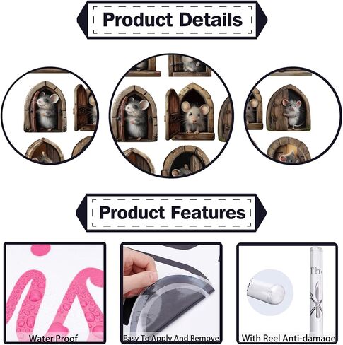 PLIGREAT 9 Pcs 3D Mouse Hole Wall Sticker, Cute Wooden Door Mouse Wall Decal Removable Vinyl Peel and Stick Funny Animal Art Decor for Room Nursery Bathroom Kitchen Home Corner Decoration in Kuwait