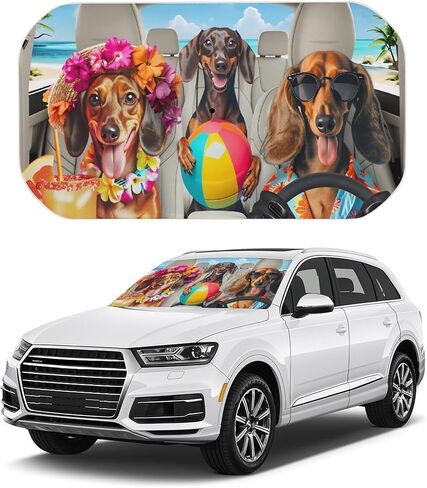 Dachshund Dogs Beach Vacation Car Seat Cover Car Sunshade Umbrella 52.4"x28.3",General Lightweight Portable Heat UV Protection Foldable Sun Visor Protector for Cars Trucks SUV Decor Accessories Gifts in Kuwait