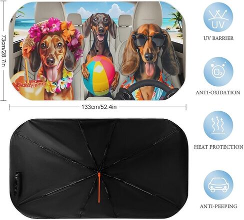 Dachshund Dogs Beach Vacation Car Seat Cover Car Sunshade Umbrella 52.4"x28.3",General Lightweight Portable Heat UV Protection Foldable Sun Visor Protector for Cars Trucks SUV Decor Accessories Gifts in Kuwait