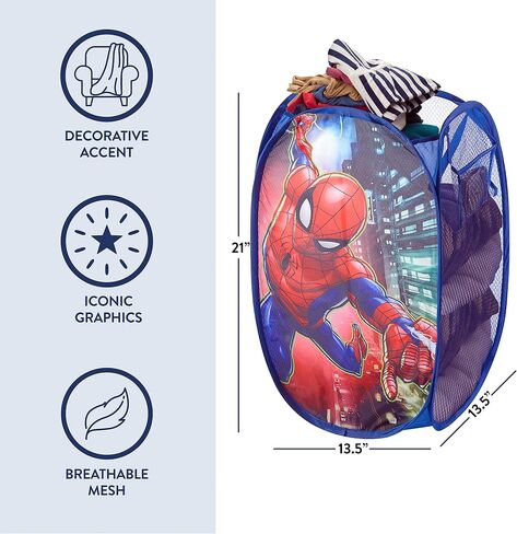 Marvel Spider-Man Pop-Up Hamper for Kids, Collapsible Laundry Basket with Durable Carry Handles, Lightweight Portable Clothes Hamper & Storage Bin for Bedroom, Playroom & Bathroom, Blue in Kuwait